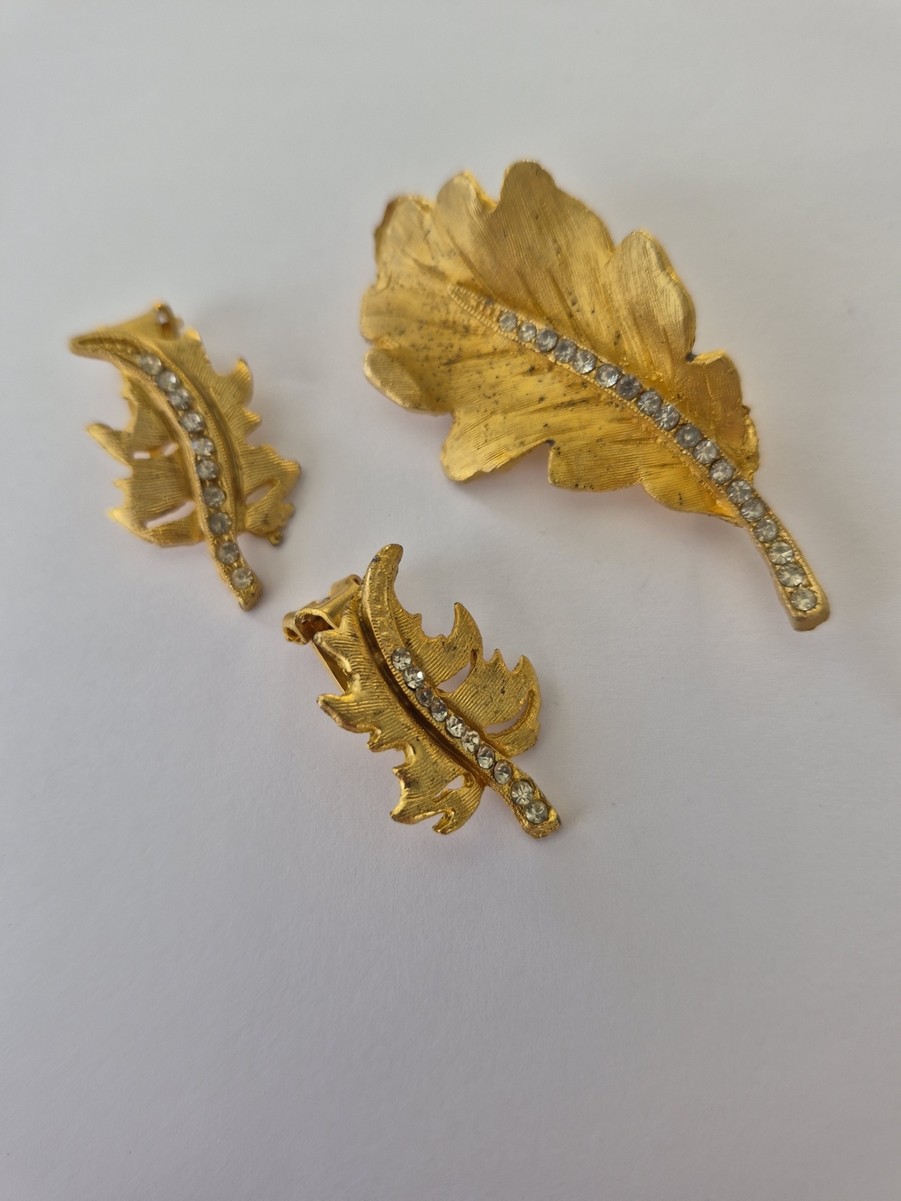 Gold Leaf Crystal Brooch and Clip-On Earring Set - Women Jewelry